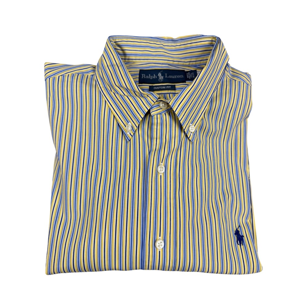 Ralph Lauren Custom Fit Mens 17.5 36/37 Yellow Blue Striped Cotton‎ Button Shirt